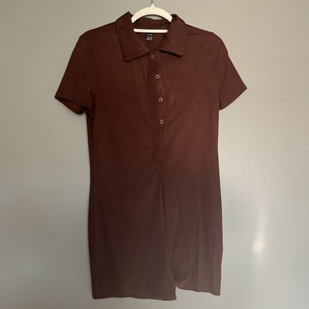 SHEIN Chocolate Ribbed Button-Up Romper